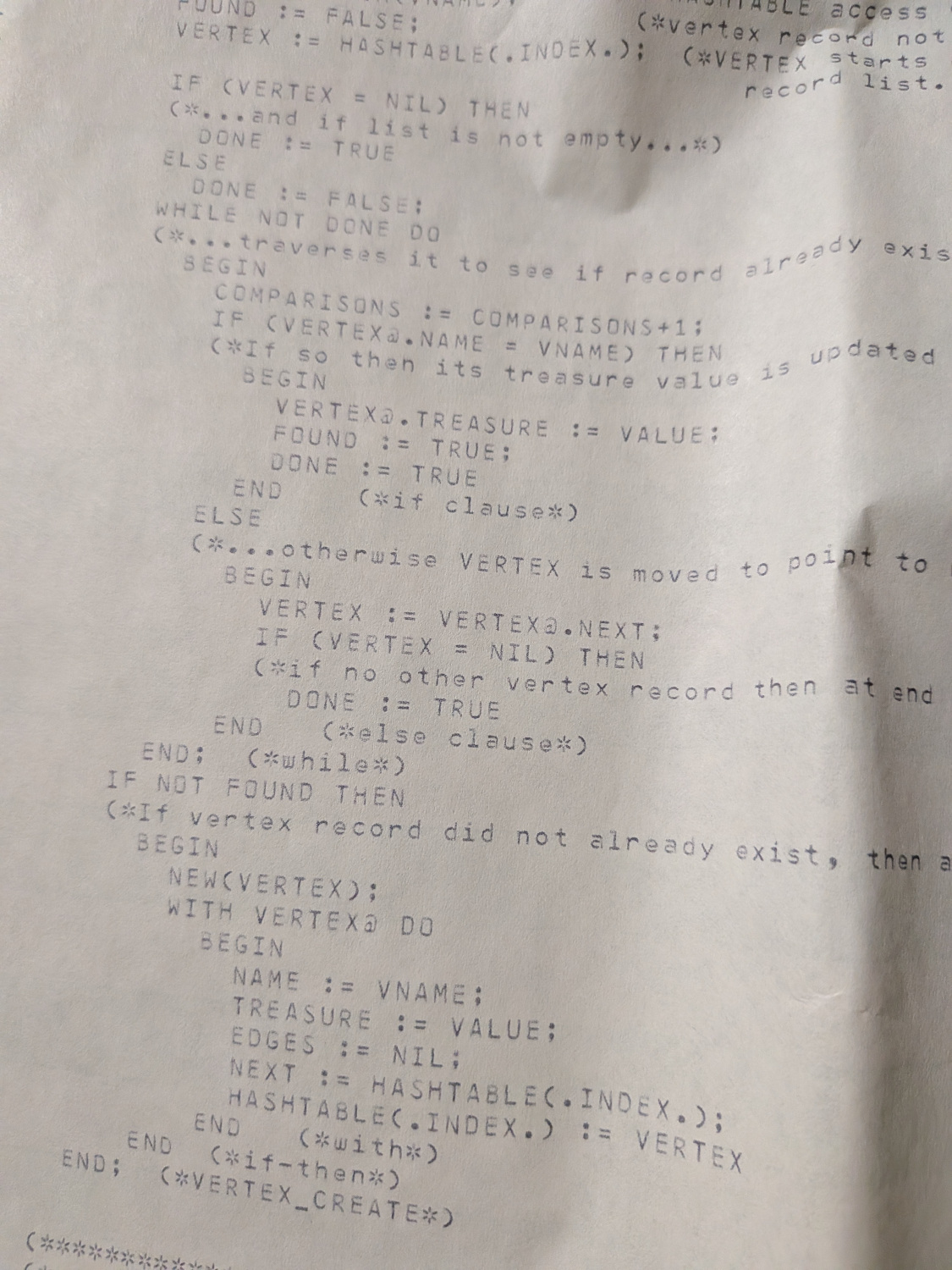 An old dot-matrix printout of some sort of computer code