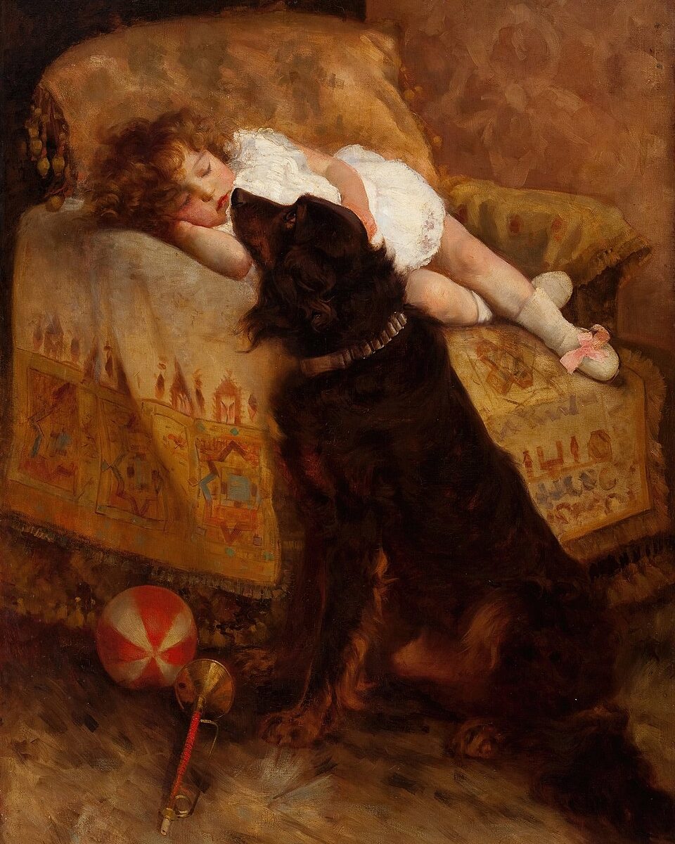 Elizabeth Strong, Sleeping child with dog, 1887 public domain